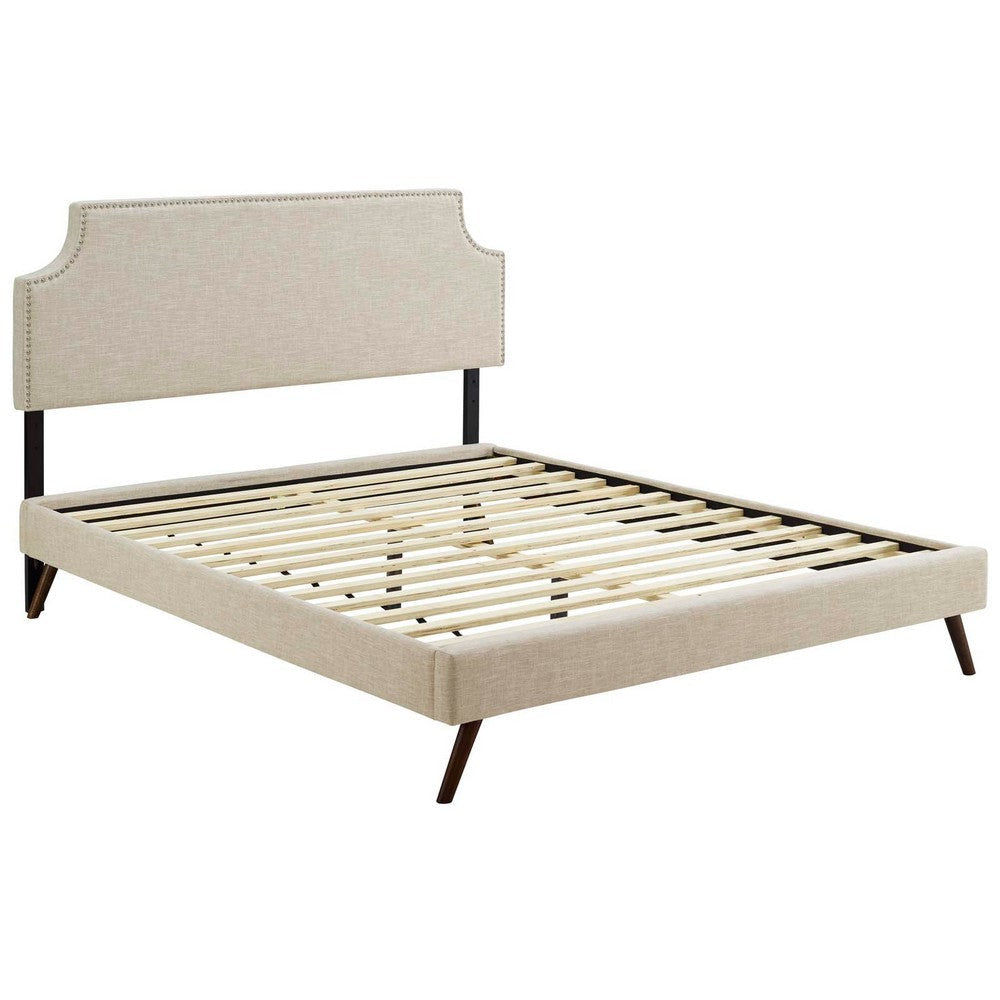 Modway Corene Fabric Upholstered Queen Platform Bed Frame With Round Splayed Legs in Beige MDY-MOD-5947-BEI