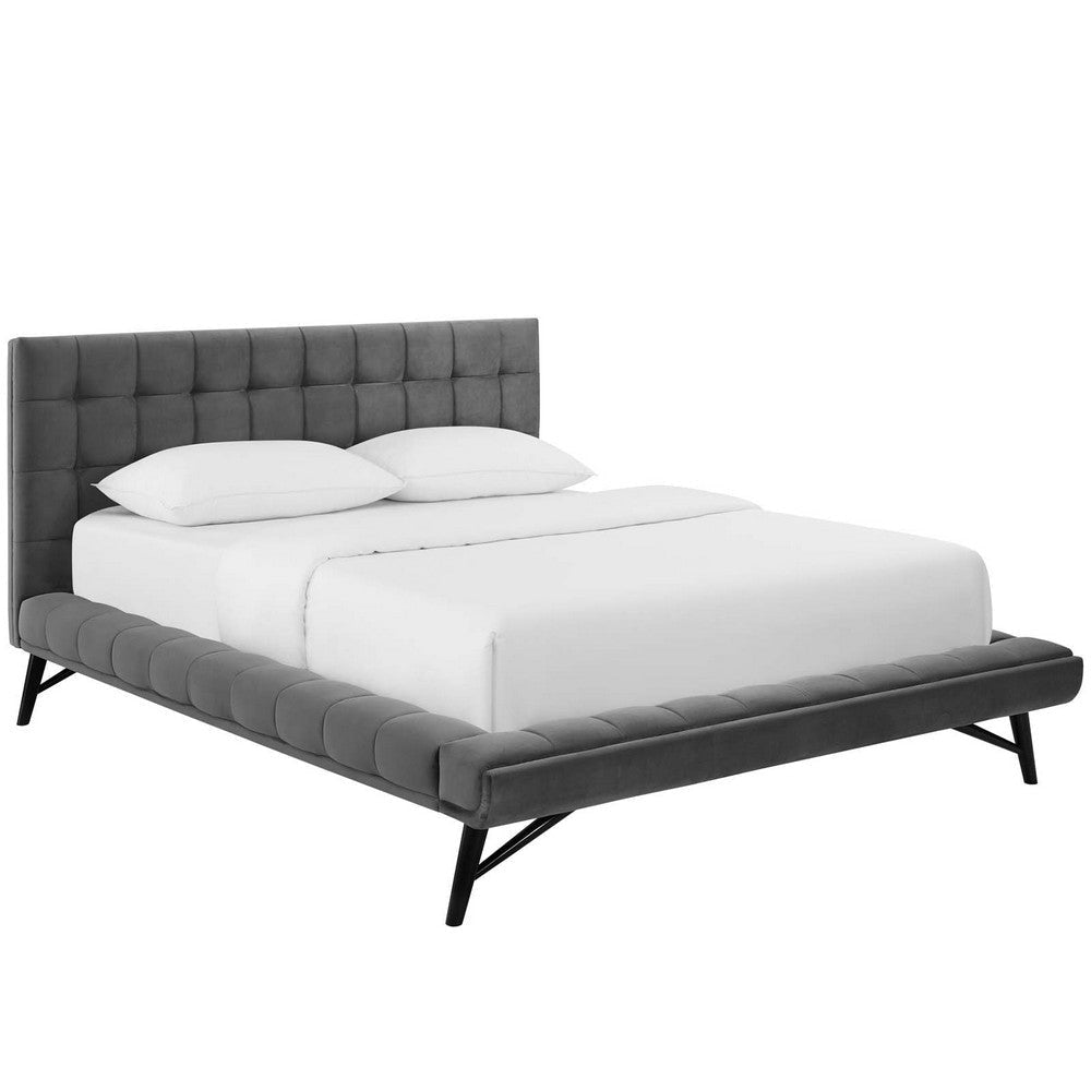 Modway Julia Mid-Century Biscuit Tufted Performance Velvet Queen Platform Bed in Gray