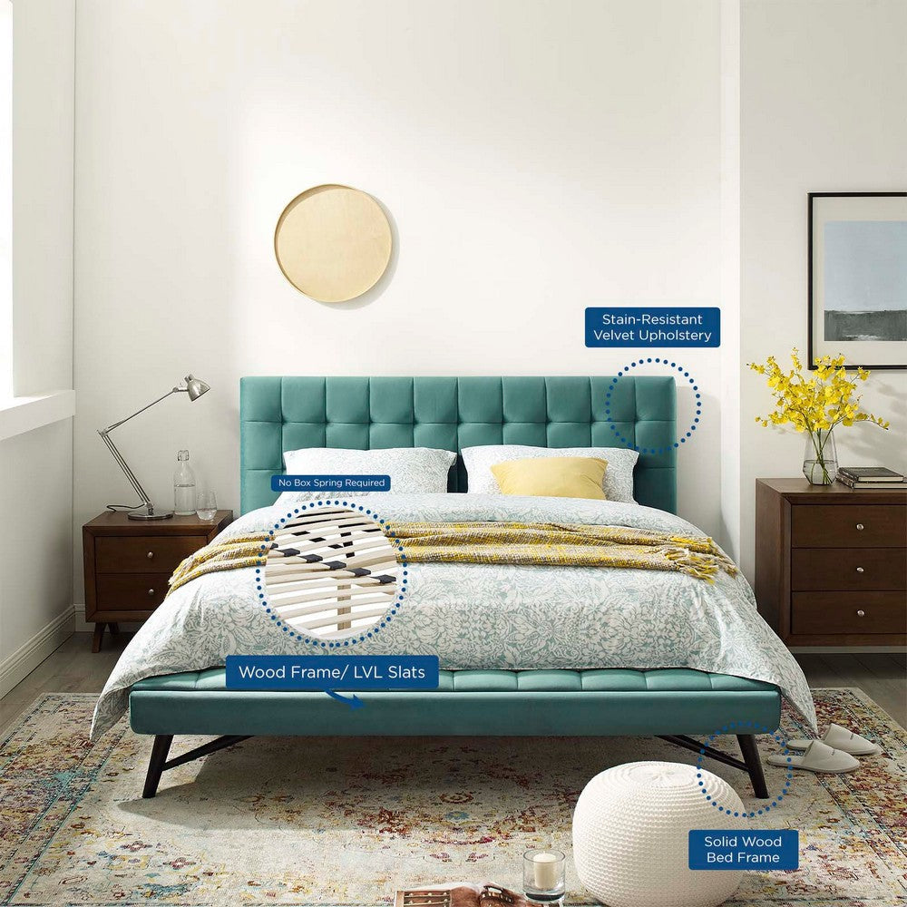 Modway Julia Mid-Century Biscuit Tufted Performance Velvet Queen Platform Bed in Teal MDY-MOD-6008-TEA