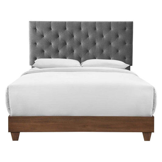 Modway Rhiannon Diamond Tufted Upholstered Fabric Queen Bed, Walnut Gray