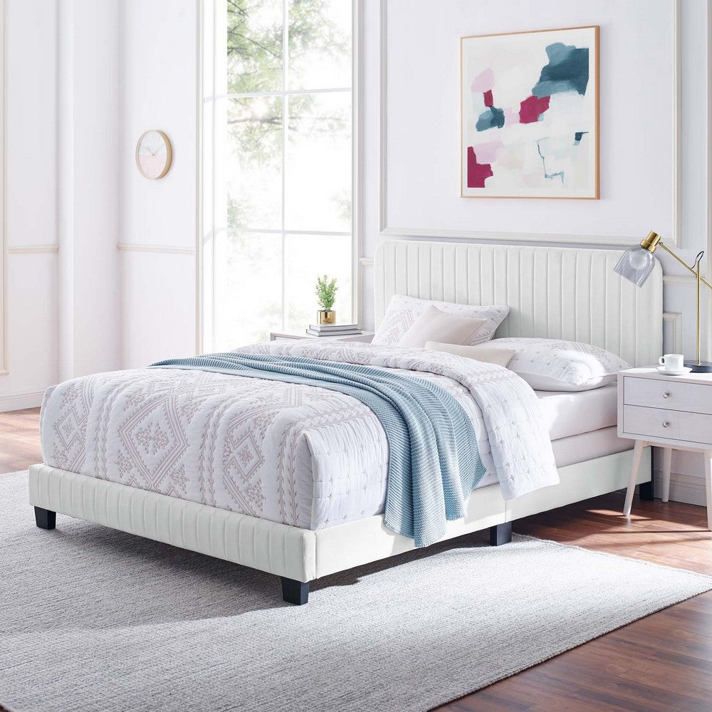 Celine Channel Tufted Performance Velvet Queen Bed by Modway| White