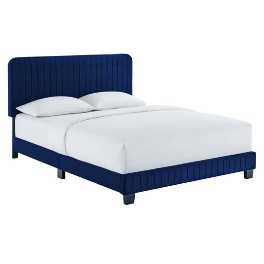 Modway Celine Channel Tufted Performance Velvet Platform Bed, King, Navy