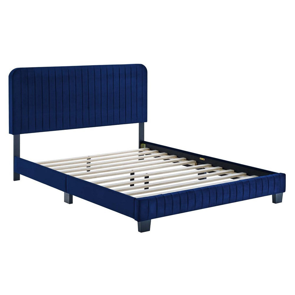 Modway Celine Channel Tufted Performance Velvet Platform Bed Queen Navy MDY-MOD-6334-NAV