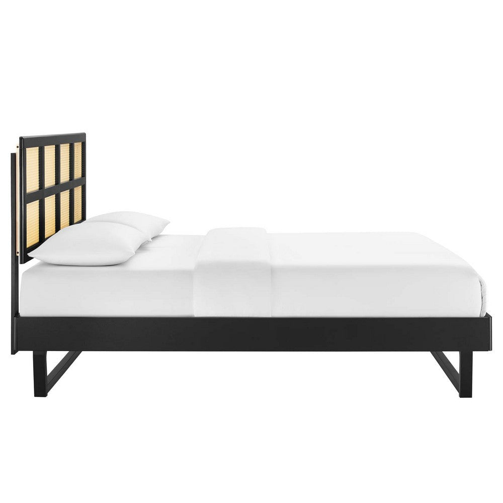 Modway Sidney Cane Rattan and Wood Queen Platform Bed in Black with Angular Legs MDY-MOD-6369-BLK