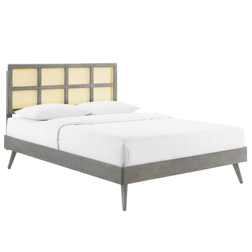 Modway Sidney Cane Rattan and Wood Queen Platform Bed in Gray with Splayed Legs