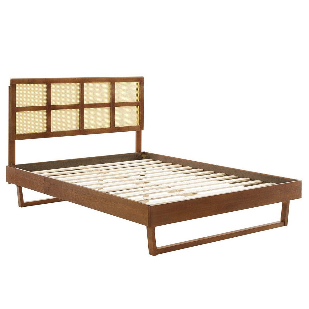 Modway Sidney Cane Rattan and Wood Full Platform Bed in Walnut with Angular Legs MDY-MOD-6371-WAL