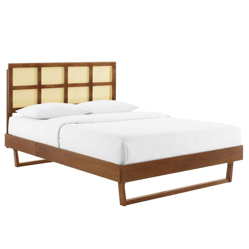 Modway Sidney Cane Rattan and Wood Full Platform Bed in Walnut with Angular Legs