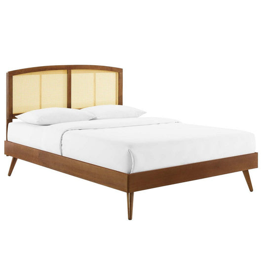 Modway Sierra Cane and Wood Queen Platform Bed with Splayed Legs in Walnut