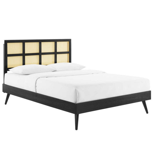 Modway Sidney Cane Rattan and Wood King Platform Bed in Black with Splayed Legs