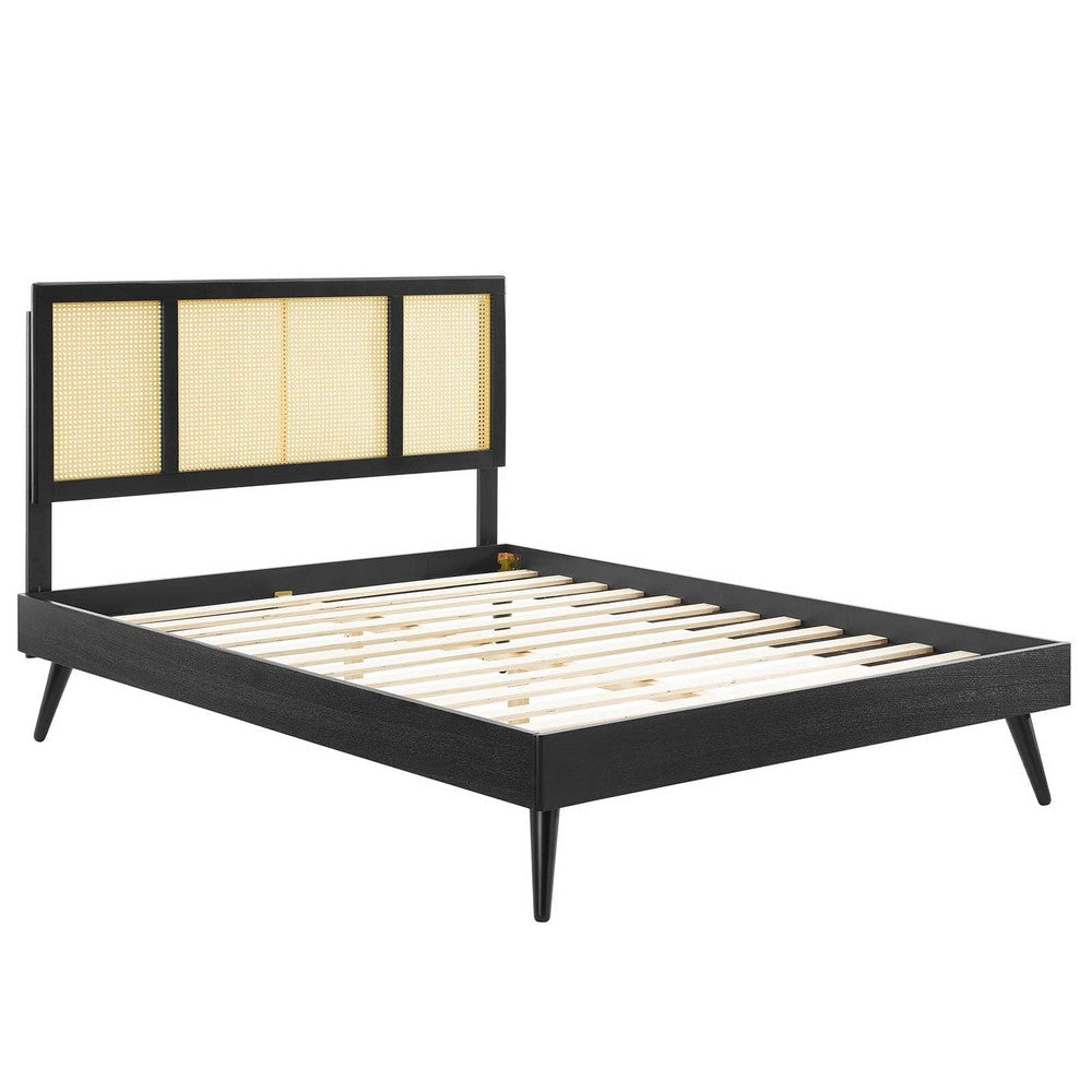 Modway Kelsea Cane and Wood Full Platform Bed with Splayed Legs in Black MDY-MOD-6696-BLK