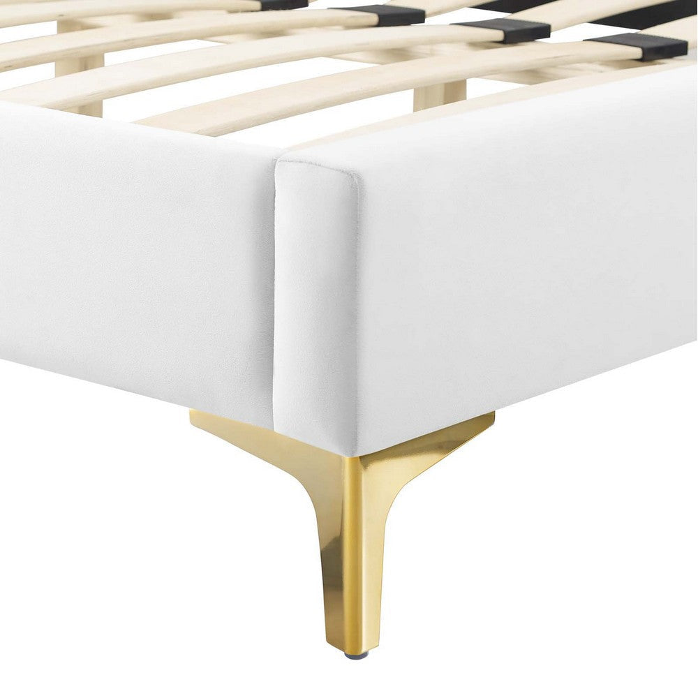 Modway Gwyneth Tufted Performance Velvet Full Platform Bed in White with Gold Metal Legs MDY-MOD-6757-WHI