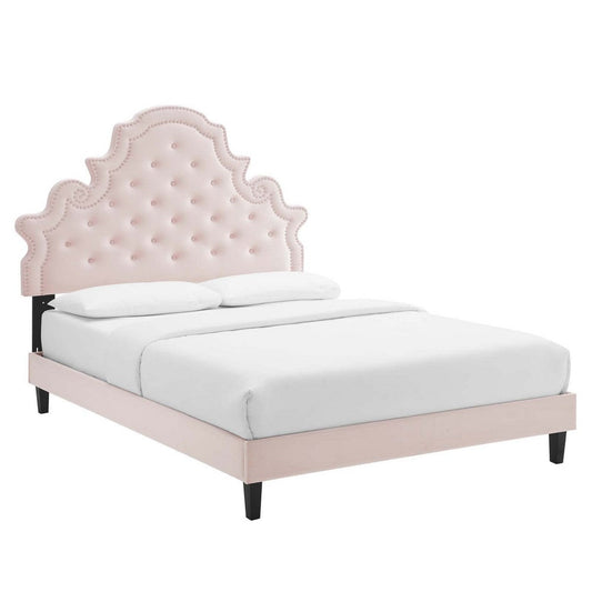 Modway Gwyneth Tufted Performance Velvet Full Platform Bed in Pink with Black Wood Legs