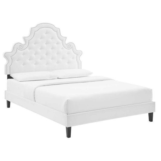 Modway Gwyneth Tufted Performance Velvet Full Platform Bed in White with Black Wood Legs