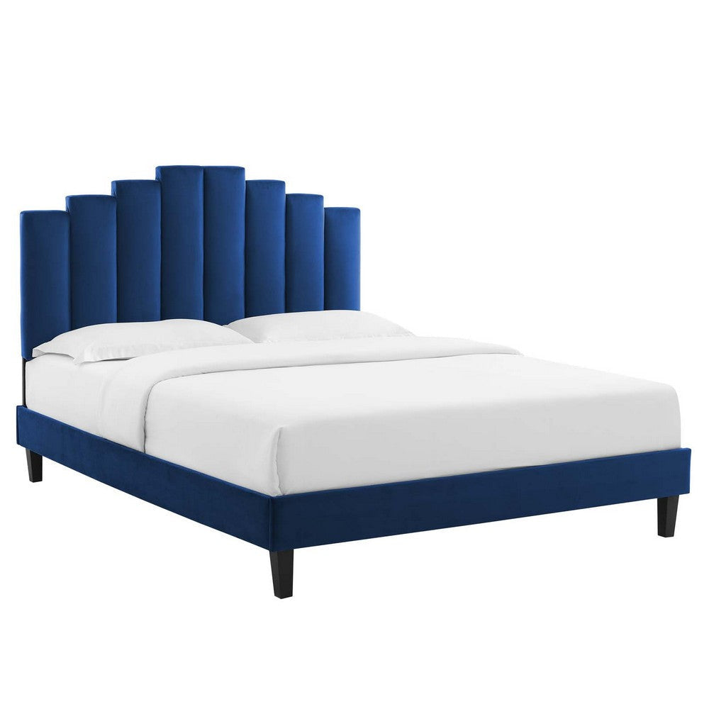 Modway Elise Channel Tufted Performance Velvet Full Platform Bed in White with Black Wood Legs, King, Navy