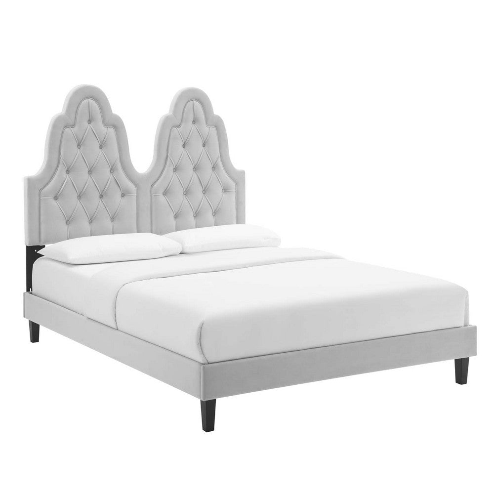 Modway Alexandria Tufted Performance Velvet Platform Bed with Black Wood Legs, Twin, Light Gray