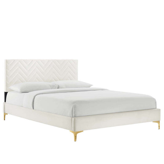 Modway MOD-6977-WHI Leah Chevron Tufted Performance Velvet Queen Platform Bed, White