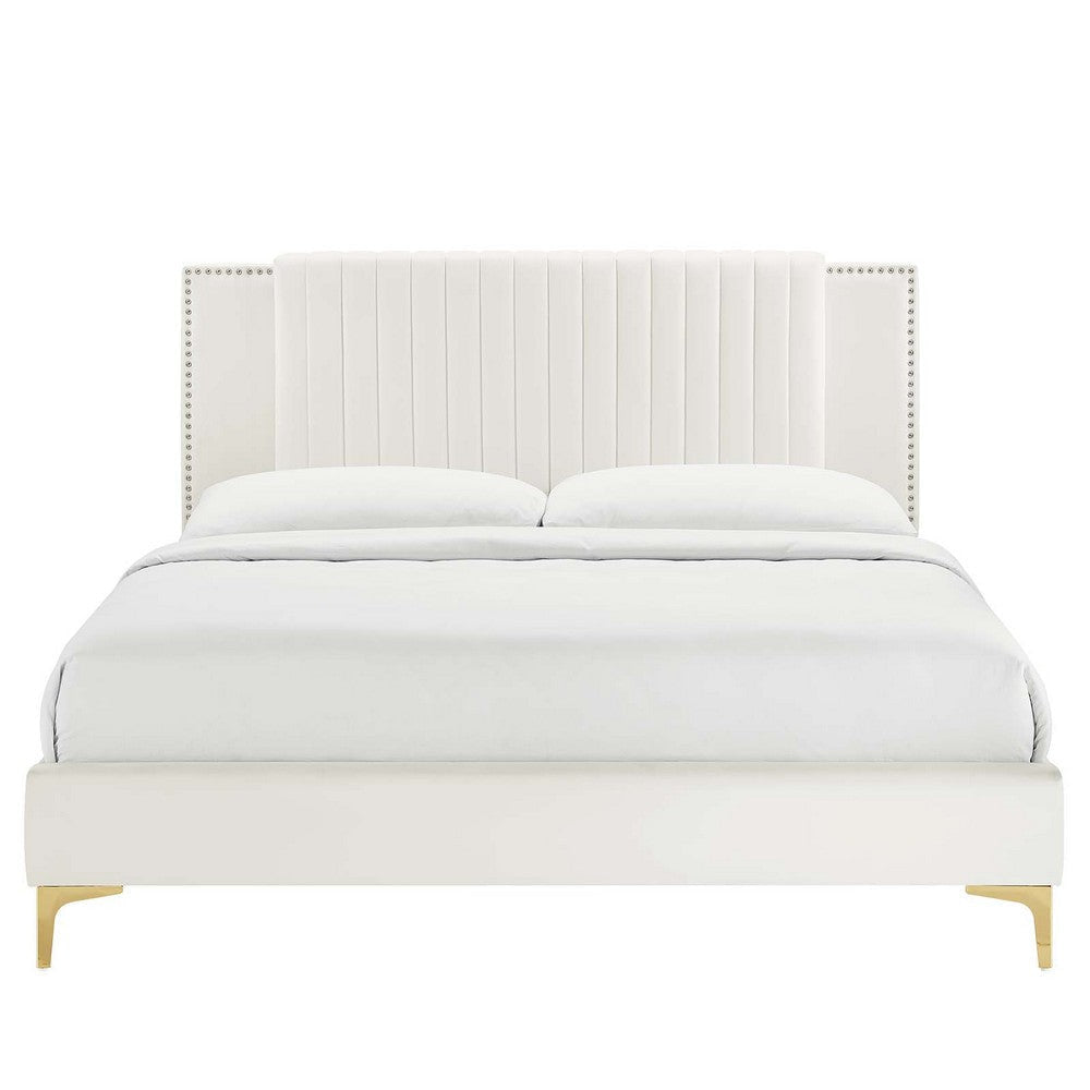 Modway Zahra Channel Tufted Performance Velvet Queen Platform Bed in White MDY-MOD-6978-WHI