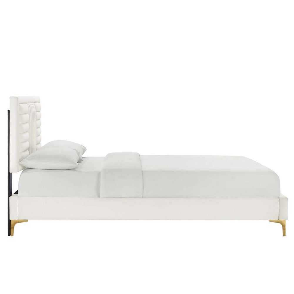 Modway Sofia Channel Tufted Performance Velvet Queen Platform Bed in White MDY-MOD-6979-WHI