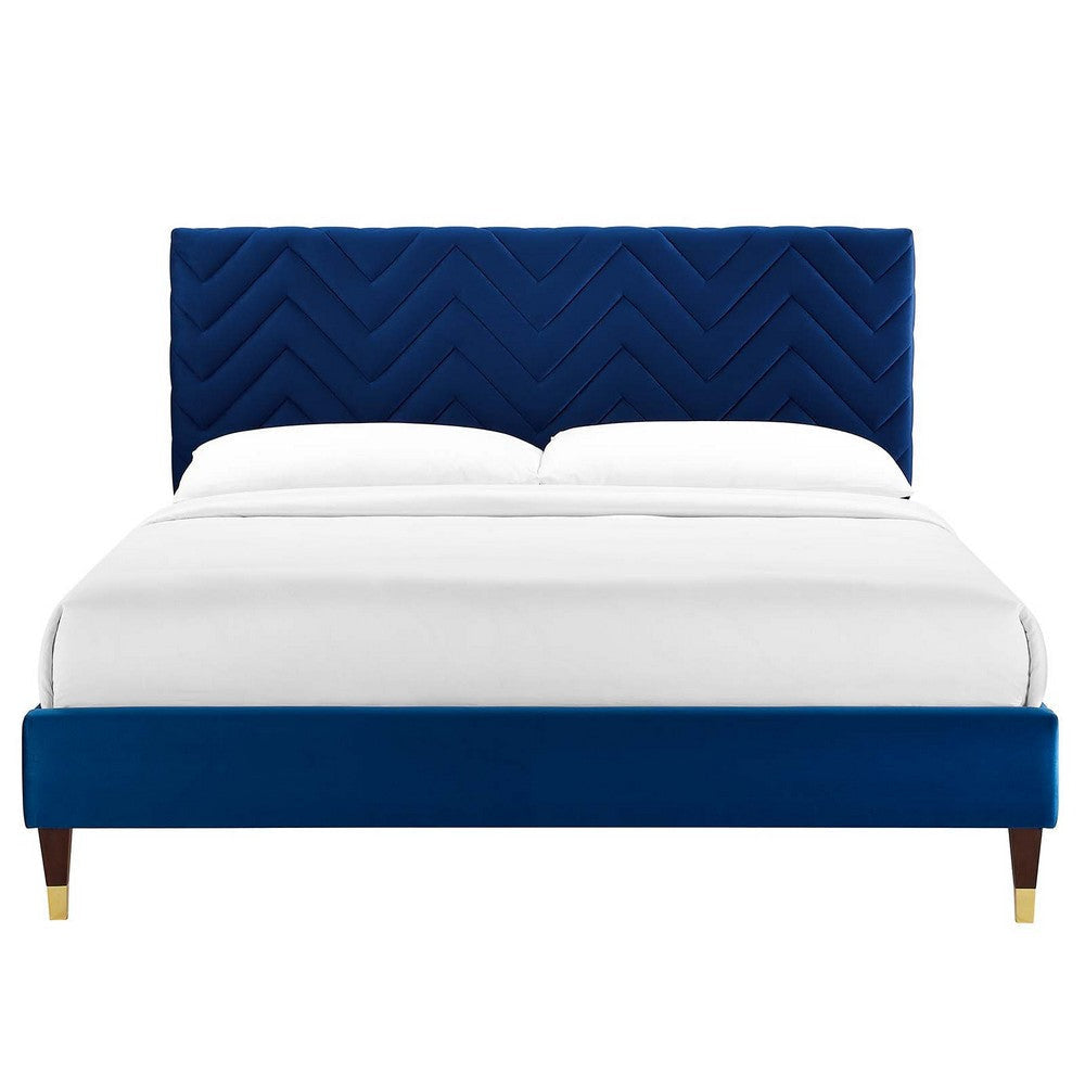 Modway MOD-6981-NAV Leah Chevron Tufted Performance Velvet Twin Platform Bed Navy MDY-MOD-6981-NAV