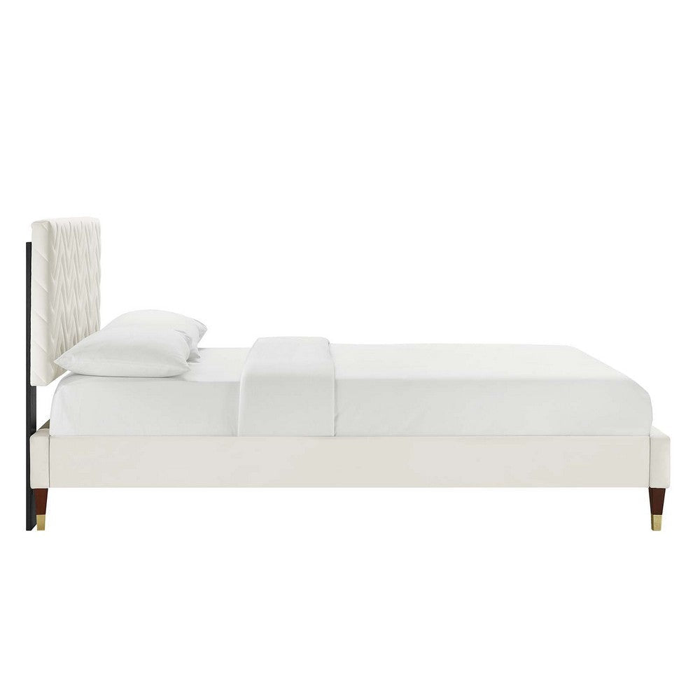 Modway MOD-6993-WHI Leah Chevron Tufted Performance Velvet Full Platform Bed White MDY-MOD-6993-WHI