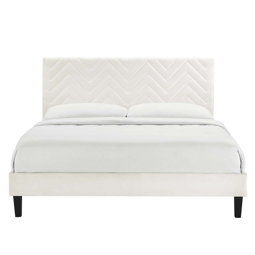 Modway MOD-6997-WHI Leah Chevron Tufted Performance Velvet Full Platform Bed White MDY-MOD-6997-WHI