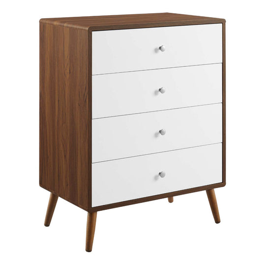 Modway Transmit Mid-Century Modern Wood Walnut White, 4-Drawer Chest