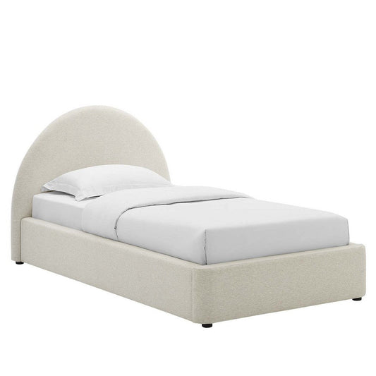 Modway Resort Twin Size Platform Bed with Arch Shaped Round Headboard in Heathered Weave Ivory Woven Heathered Fabric Upholstery Soft Cloud