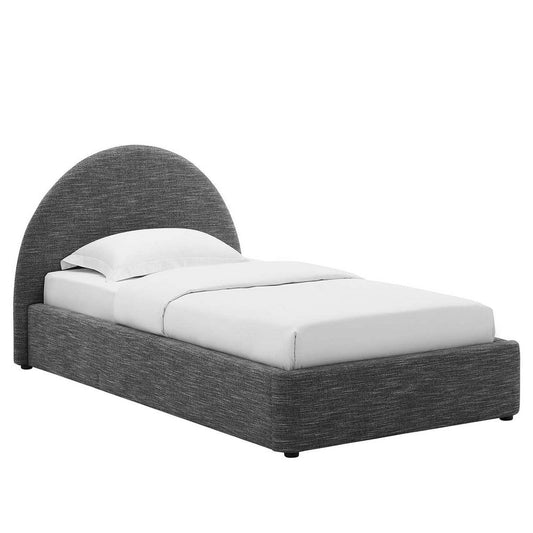 Modway Resort Twin Size Platform Bed with Arch Shaped Round Headboard in Heathered Weave Slate Woven Heathered Fabric Upholstery Soft Cloud