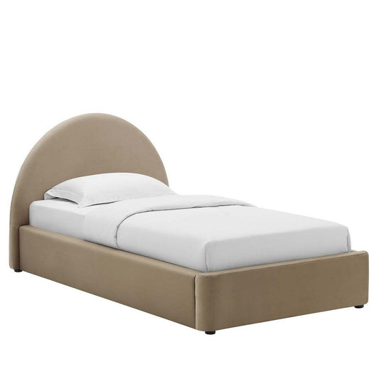 Modway Resort Twin Size Platform Bed with Arch Shaped Round Headboard in Taupe Upholstered Bed Frame Stain-Resistant Performance Velvet