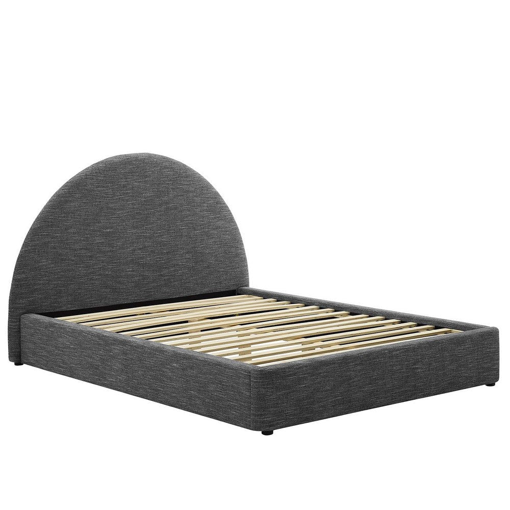 Modway Resort Full Size Platform Bed with Arch Shaped Round Headboard in Heathered Weave Slate Woven Heathered Fabric Upholstery Soft Cloud