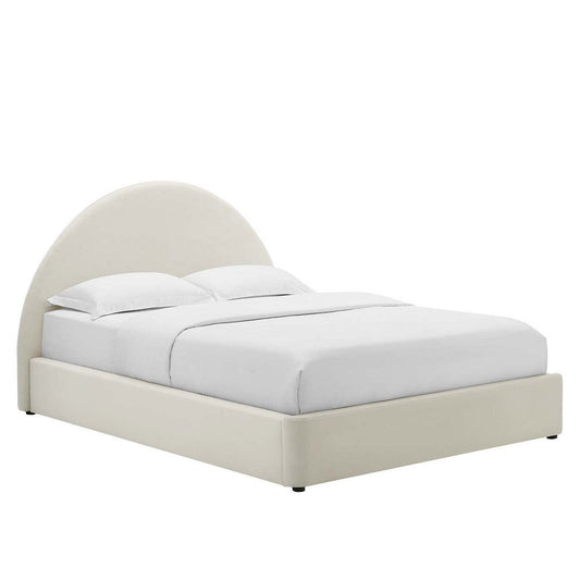 Modway Resort Full Size Platform Bed with Arch Shaped Round Headboard in Alabaster Upholstered Velvet Bed Frameain-Resistant Performance