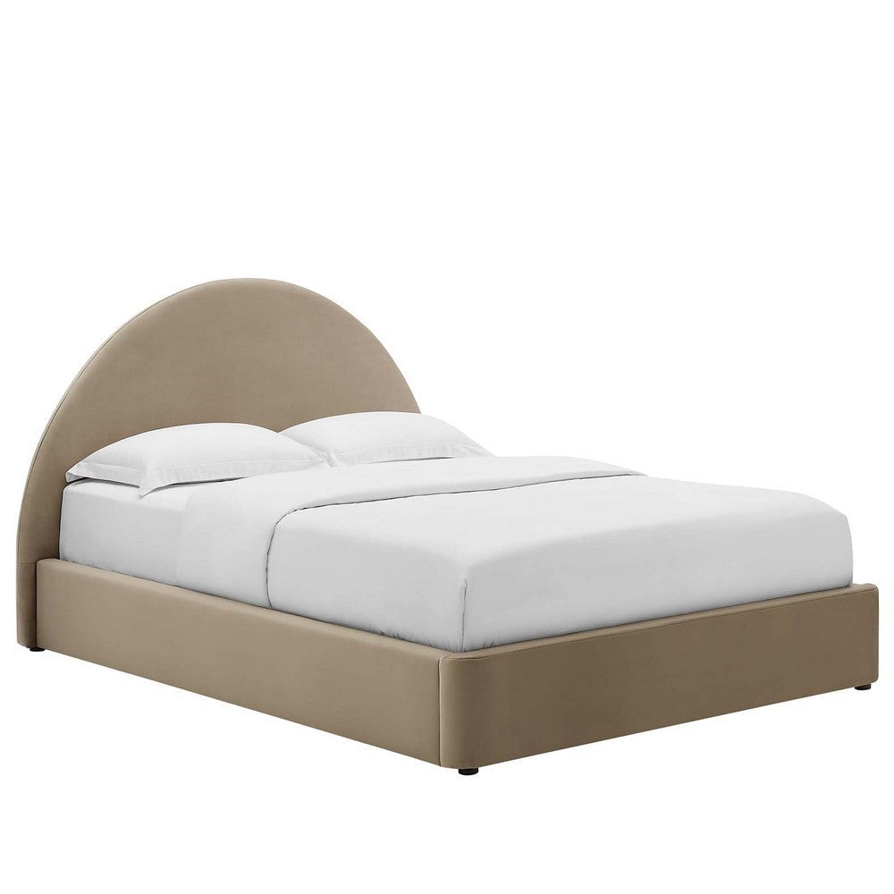 Modway Resort Full Size Platform Bed with Arch Shaped Round Headboard in Taupe, Upholstered Velvet Bed Frameain-Resistant Performance Velvet, Soft Cloud Bed Frame, No Box Spring Needed