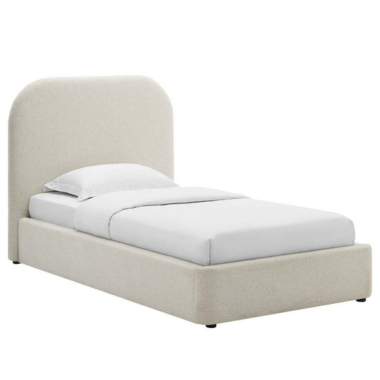 Modway Keynote Modern Bed Frame Twin Size with Curve Shaped Headboard in Heathered Weave Ivory Woven Heathered Fabric Upholstery Twin Size