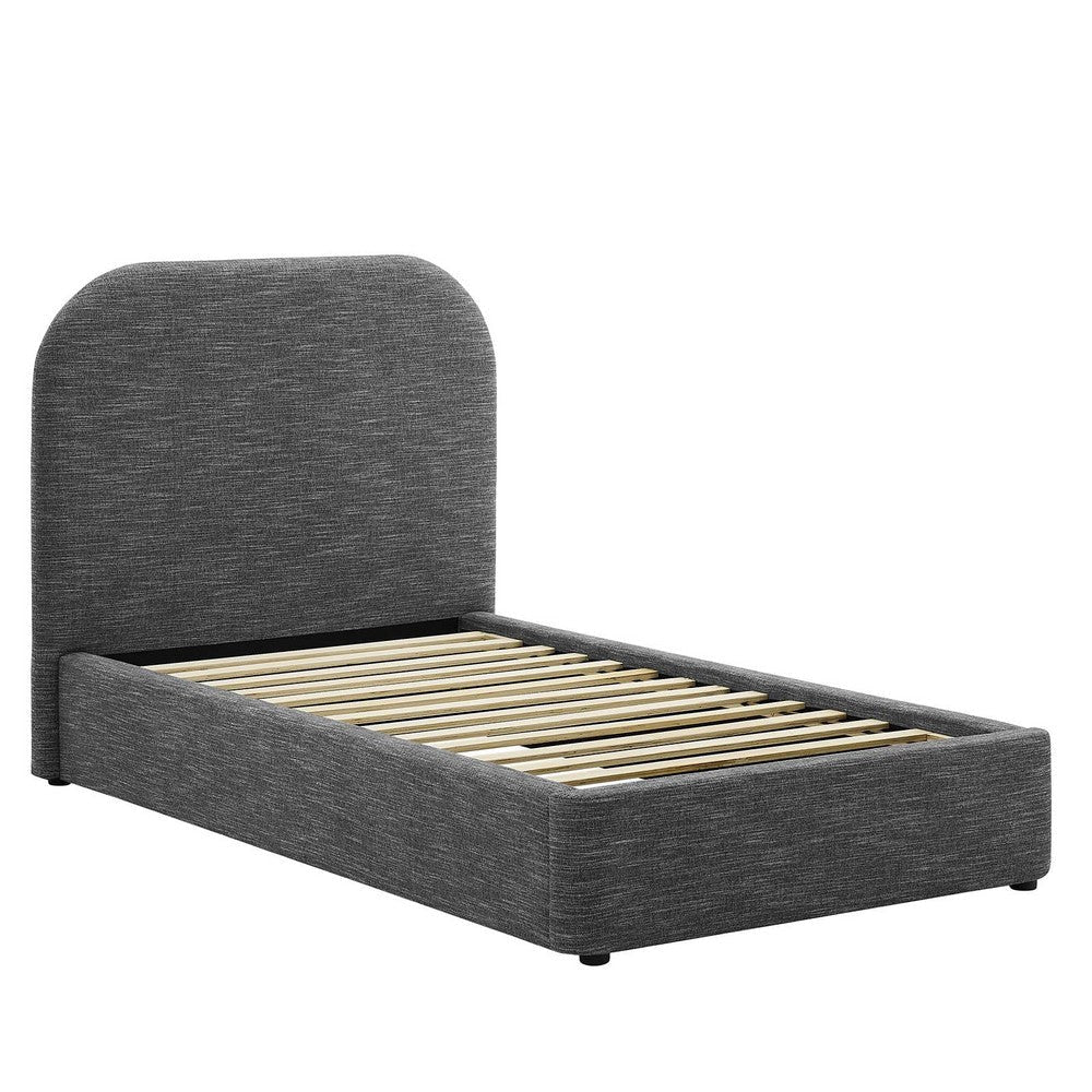 Modway Keynote Modern Bed Frame Twin Size with Curve Shaped Headboard in Heathered Weave Slate Woven Heathered Fabric Upholstery Twin Size