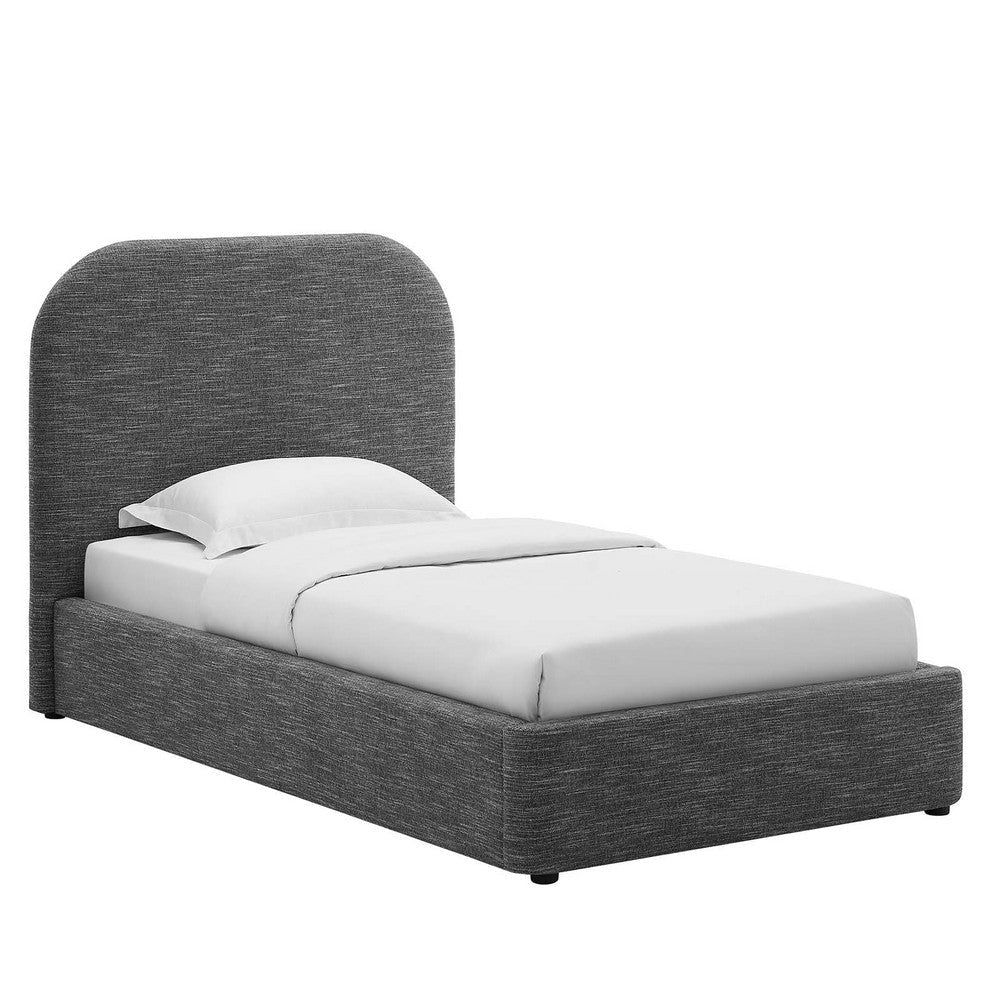 Modway Keynote Modern Bed Frame Twin Size with Curve Shaped Headboard in Heathered Weave Slate Woven Heathered Fabric Upholstery Twin Size