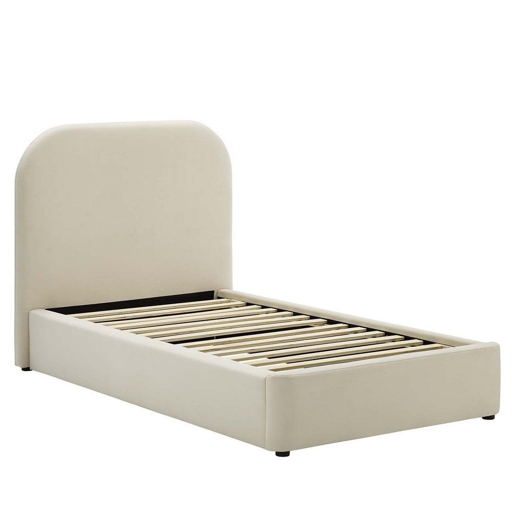 Modway Keynote Modern Bed Frame Twin Size with Curve Shaped Headboard in Alabaster Performance Velvet Upholstered Bed Frame Twin Size