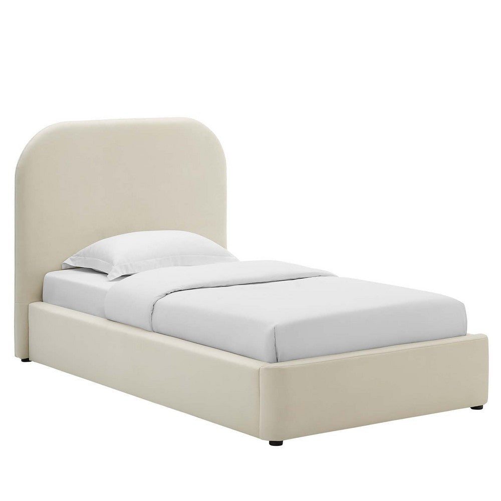 Modway Keynote Modern Bed Frame Twin Size with Curve Shaped Headboard in Alabaster Performance Velvet Upholstered Bed Frame Twin Size