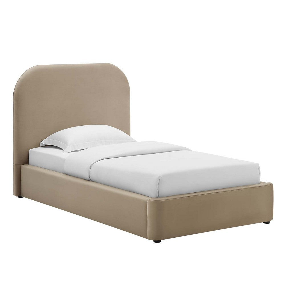 Modway Keynote Modern Bed Frame, Twin Size with Curve Shaped Headboard in Taupe, Performance Velvet Upholstered Bed Frame, Twin Size Platform Bed, Soft Cloud Bed Frame, No Box Spring Needed