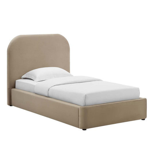 Modway Keynote Modern Bed Frame Twin Size with Curve Shaped Headboard in Taupe Performance Velvet Upholstered Bed Frame Twin Size Platform