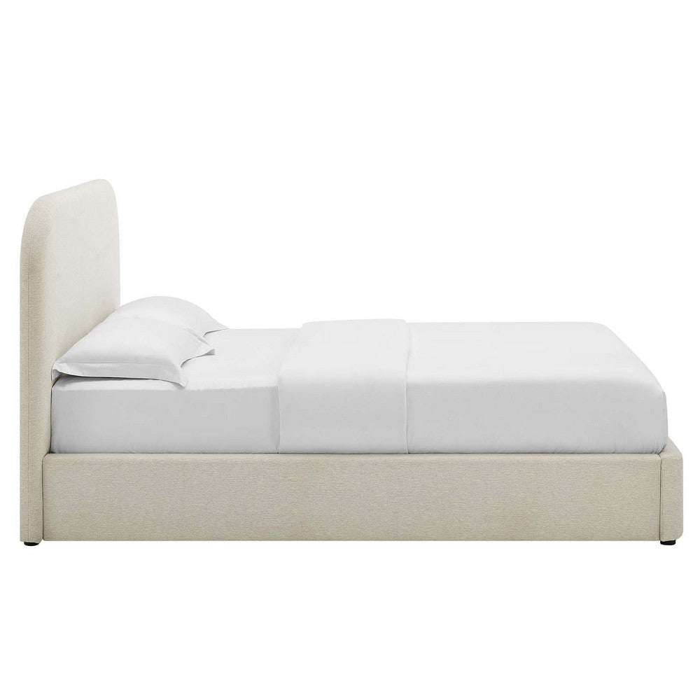 Modway Keynote Modern Full Bed Frame with Curve Shaped Headboard in Heathered Weave Ivory Woven Heathered Fabric Upholstery Full Size