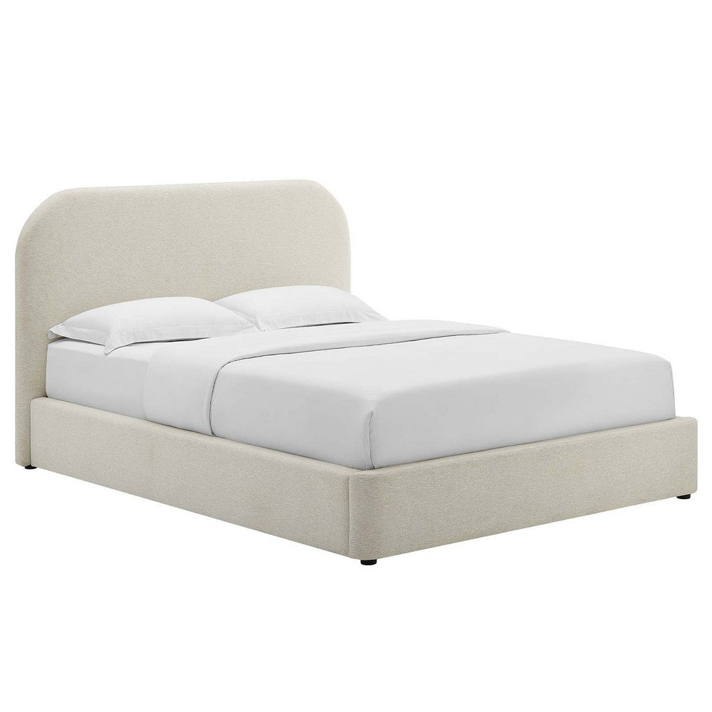 Modway Keynote Modern Full Bed Frame with Curve Shaped Headboard in Heathered Weave Ivory Woven Heathered Fabric Upholstery Full Size