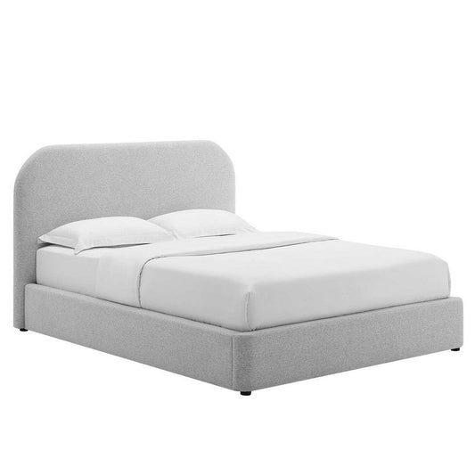 Modway Keynote Modern Full Bed Frame with Curve Shaped Headboard in Heathered Weave Light Gray Woven Heathered Fabric Upholstery Full Size