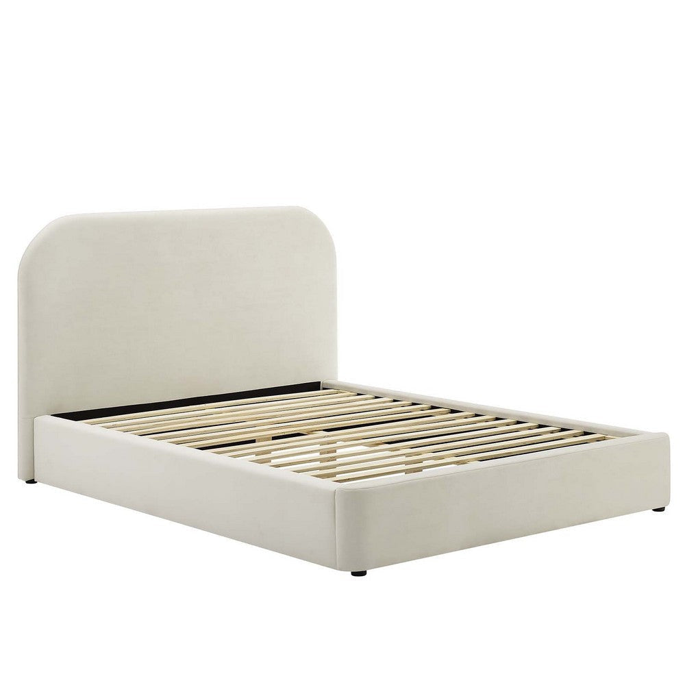 Modway Keynote Modern Full Bed Frame with Curve Shaped Headboard in Alabaster Upholstered in Performance Velvet Full Size Platform Bed Soft