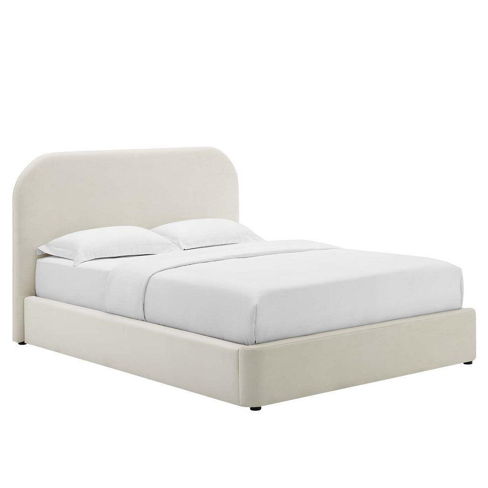 Modway Keynote Modern Full Bed Frame with Curve Shaped Headboard in Alabaster Upholstered in Performance Velvet Full Size Platform Bed Soft