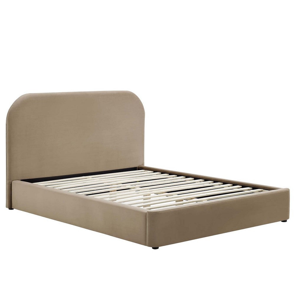 Modway Keynote Modern Full Bed Frame with Curve Shaped Headboard in Taupe Upholstered in Performance Velvet Full Size Platform Bed Soft