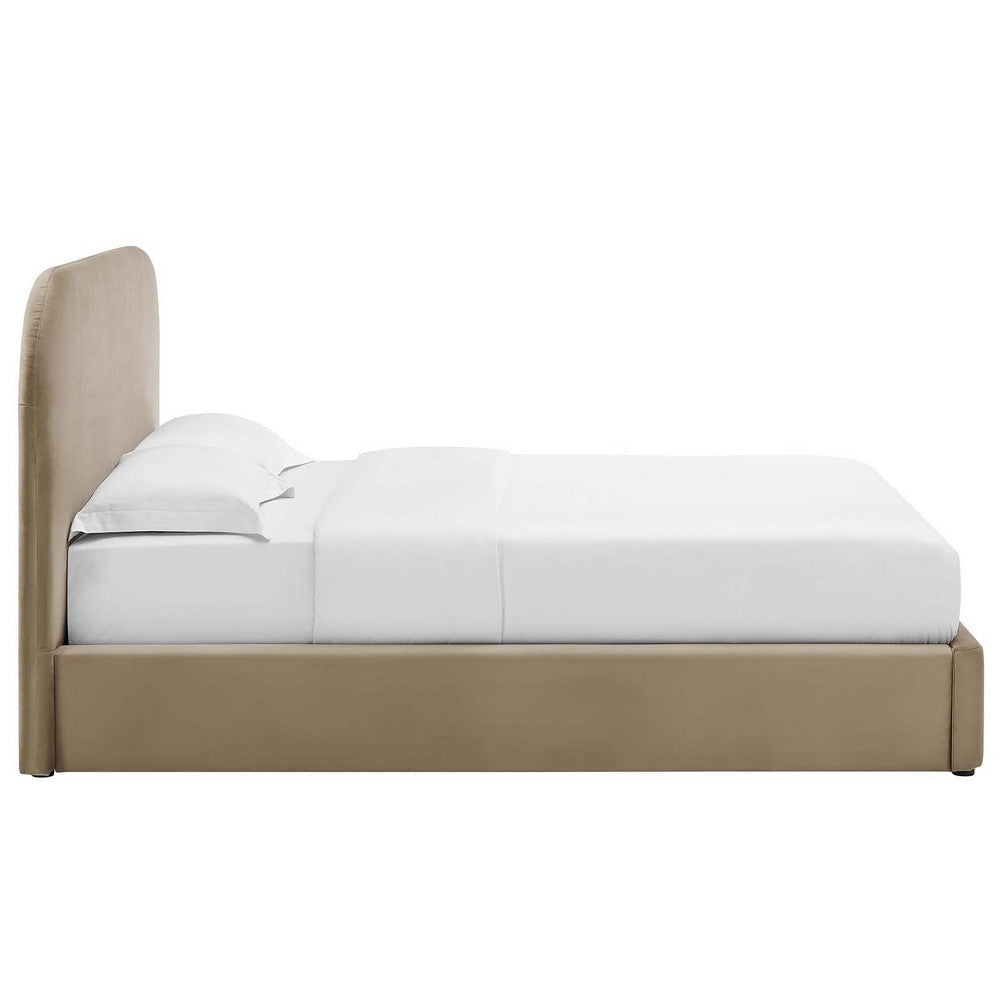 Modway Keynote Modern Full Bed Frame with Curve Shaped Headboard in Taupe Upholstered in Performance Velvet Full Size Platform Bed Soft