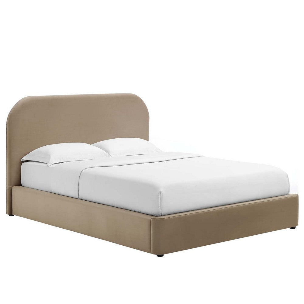 Modway Keynote Modern Full Bed Frame with Curve Shaped Headboard in Taupe Upholstered in Performance Velvet Full Size Platform Bed Soft