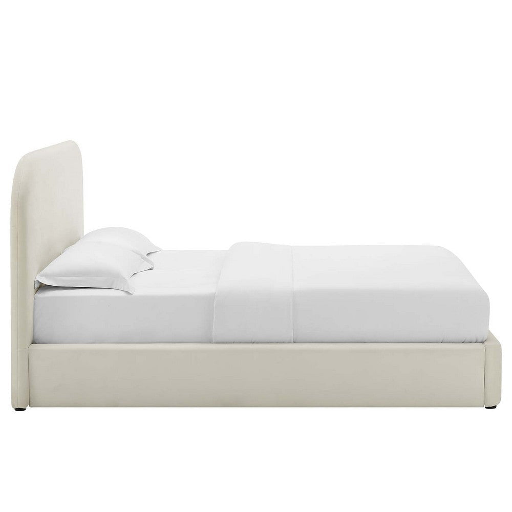 Modway Keynote Modern Queen Bed Frame with Curve Shaped Headboard in Alabaster Upholstered in Performance Velvet Queen Size Platform