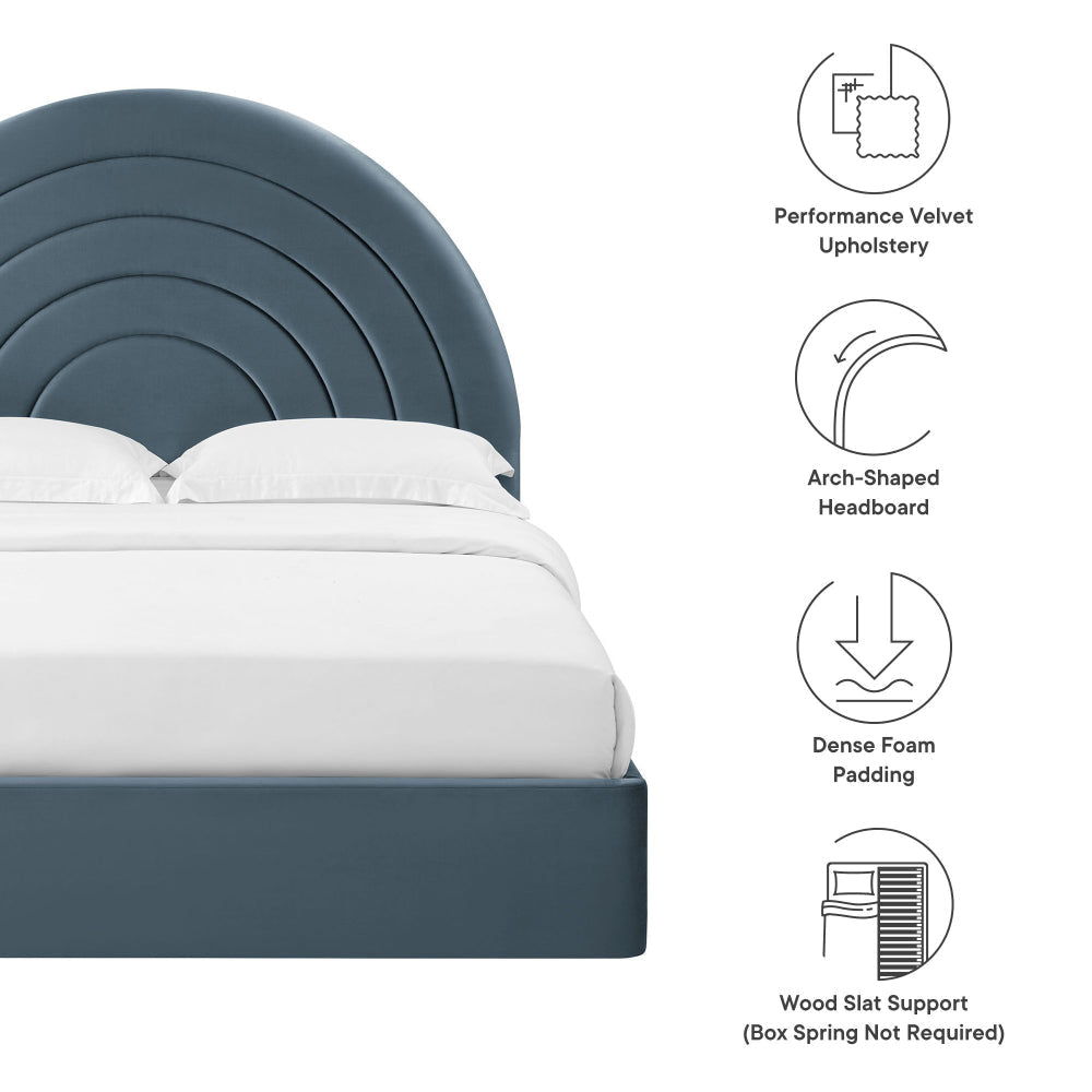 Modway Solana Full Size Performance Velvet Platform Bed in Cadet Blue – Upholstered Double Bed Frame with Soft Arch Shaped Padded Headboard
