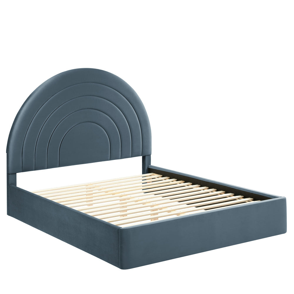 Modway Solana Full Size Performance Velvet Platform Bed in Cadet Blue – Upholstered Double Bed Frame with Soft Arch Shaped Padded Headboard